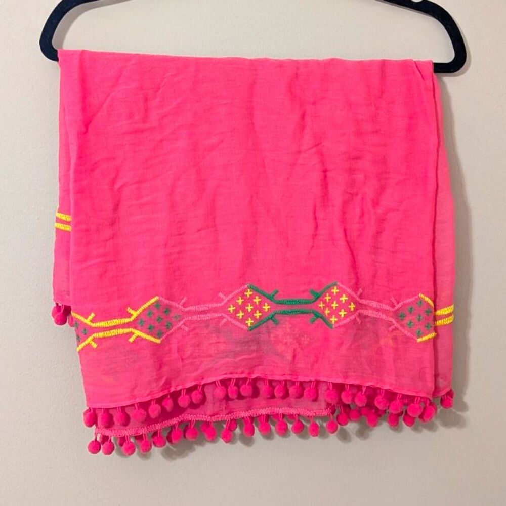 Boho Pink Cotton Scarf Embroidered Fringe Tassel Accent Infinity Scarf